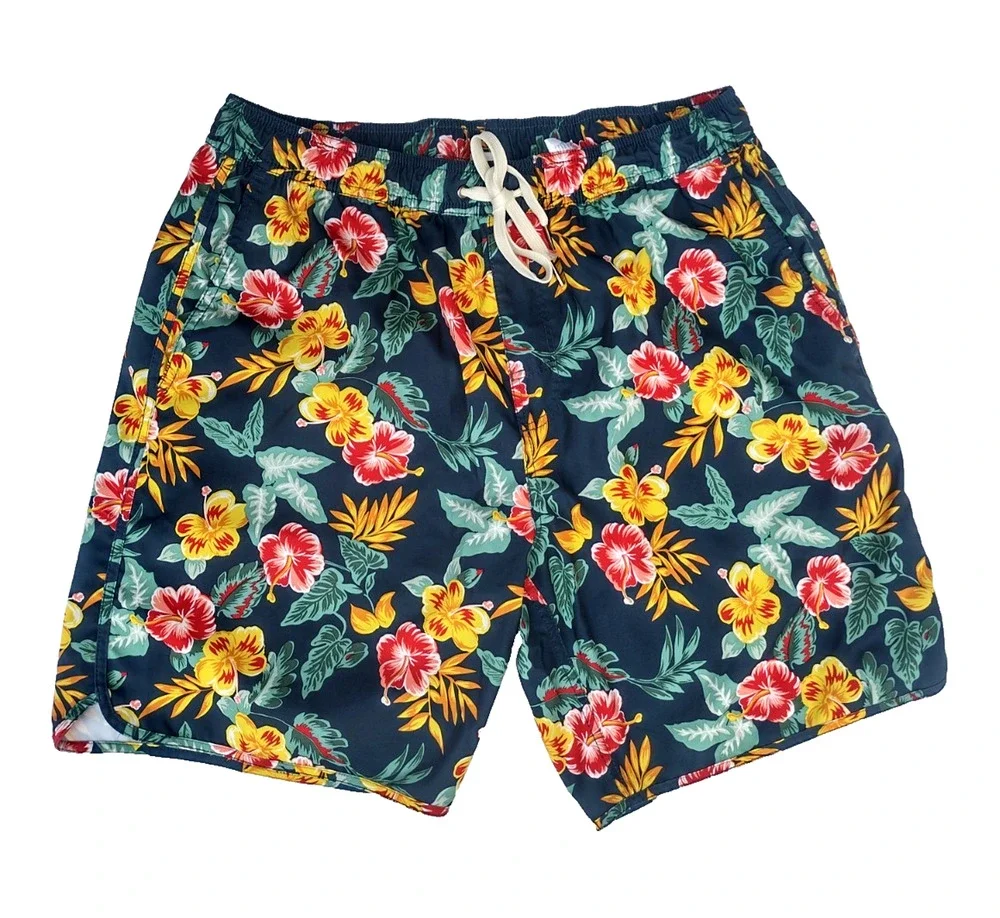 FAIR HARBOR Hawaiian Tropical Floral Swim Trunk Lined Pocket 7.5” Shorts Men XL